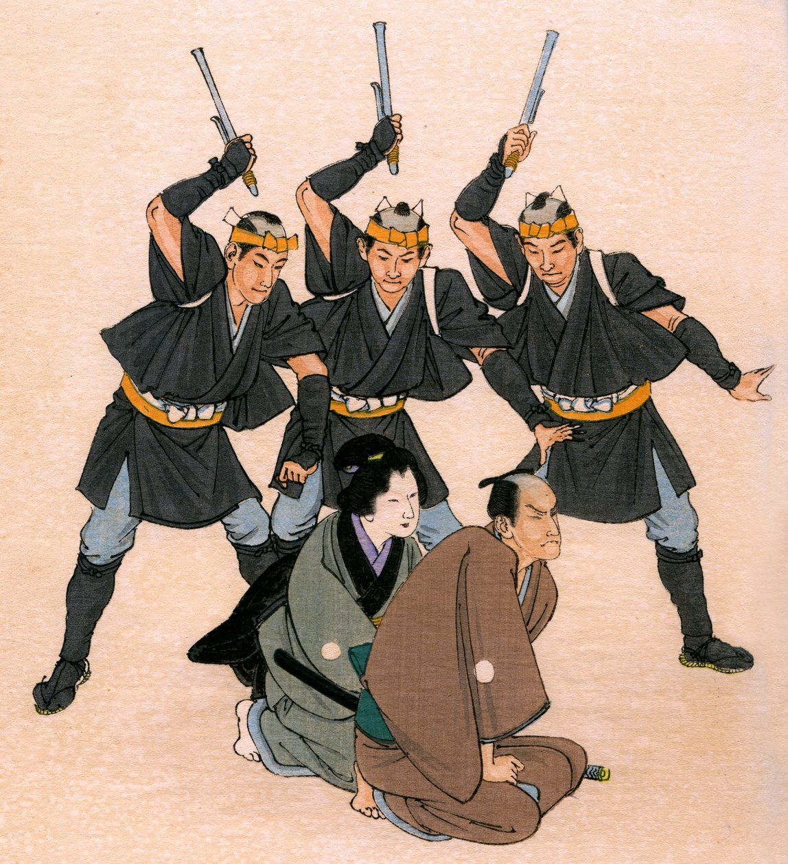 Hagyományos japán színház: három fegyveres fenyeget egy férfi és egy női karaktert alkotó: Yoshimune Arai