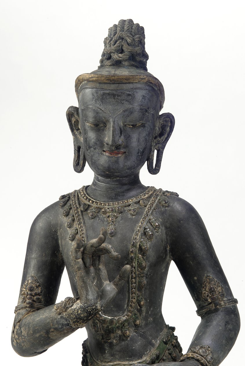 Nepáli-kínai stílusú bodhisattva (lakk, szövet, nyomokban kék, arany és zöld festék és aranylevél) alkotó: Yuan Dynasty Chinese School