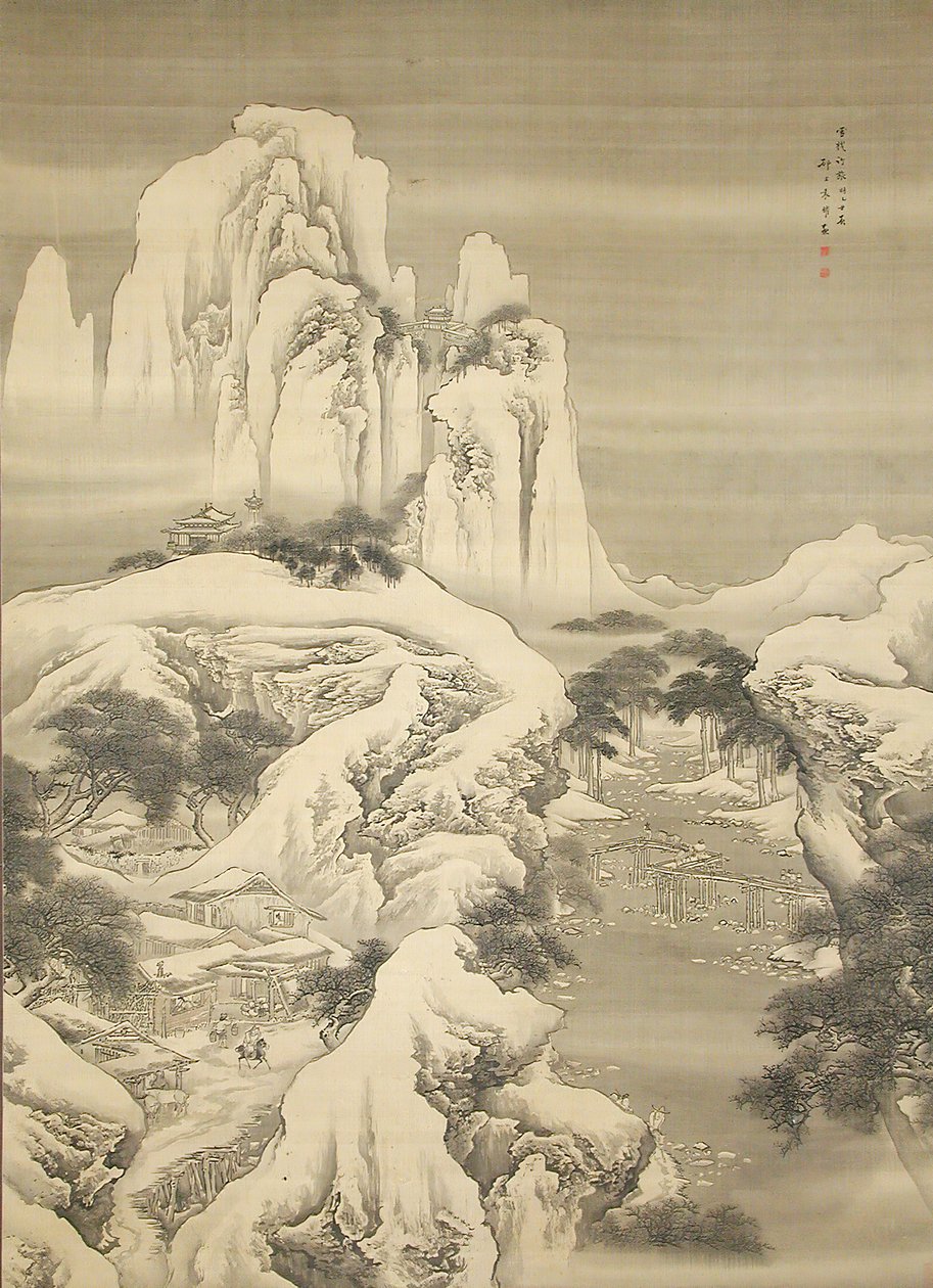 Fogadó és utazók Havas-hegységben, 1745-ben. alkotó: Yuan Yao