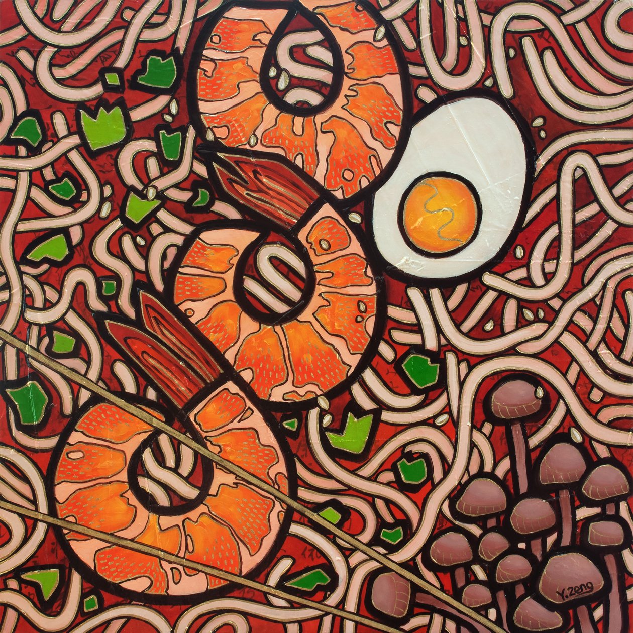 Ramen noodle Shrimp, 2023 (vegyes technika, fatábla) alkotó: Yue Zeng