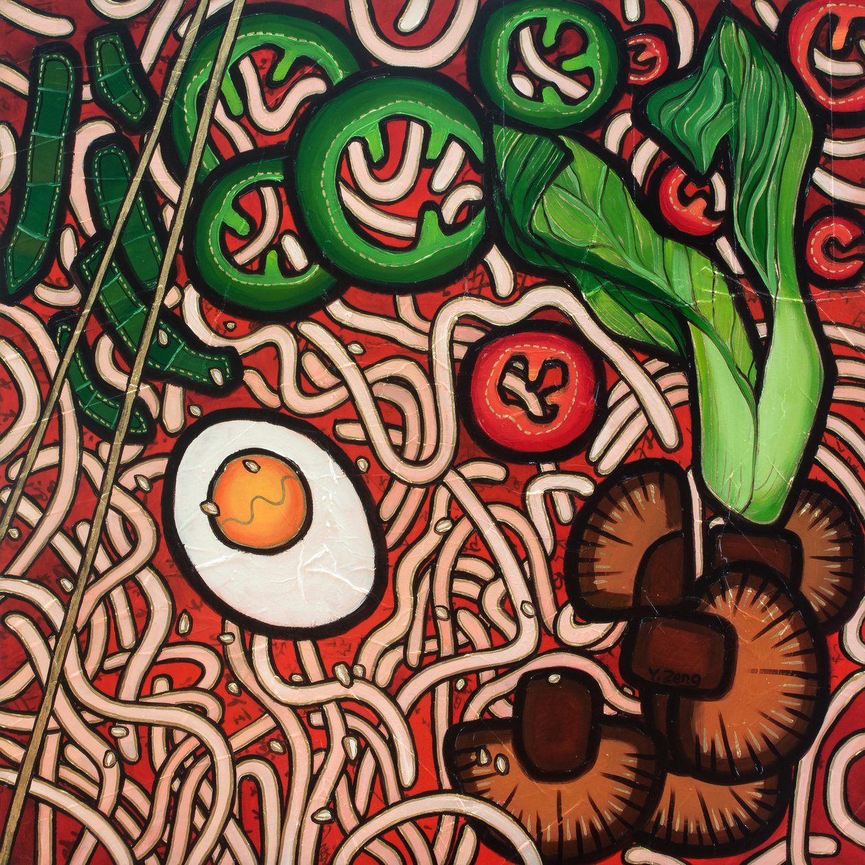 Ramen tészta zöldség, 2023 (vegyes technika, fatábla) alkotó: Yue Zeng