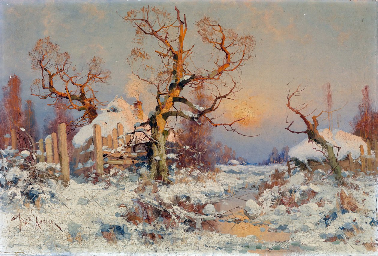 Téli táj az esti napsütésben. Juli Julievich (Julius) von Klever (1850-1924) festménye, olaj, vászon, 19. század vége-XX. század eleje. Orosz művészet, realizmus. Magángyűjtemény. alkotó: Yuly Klever