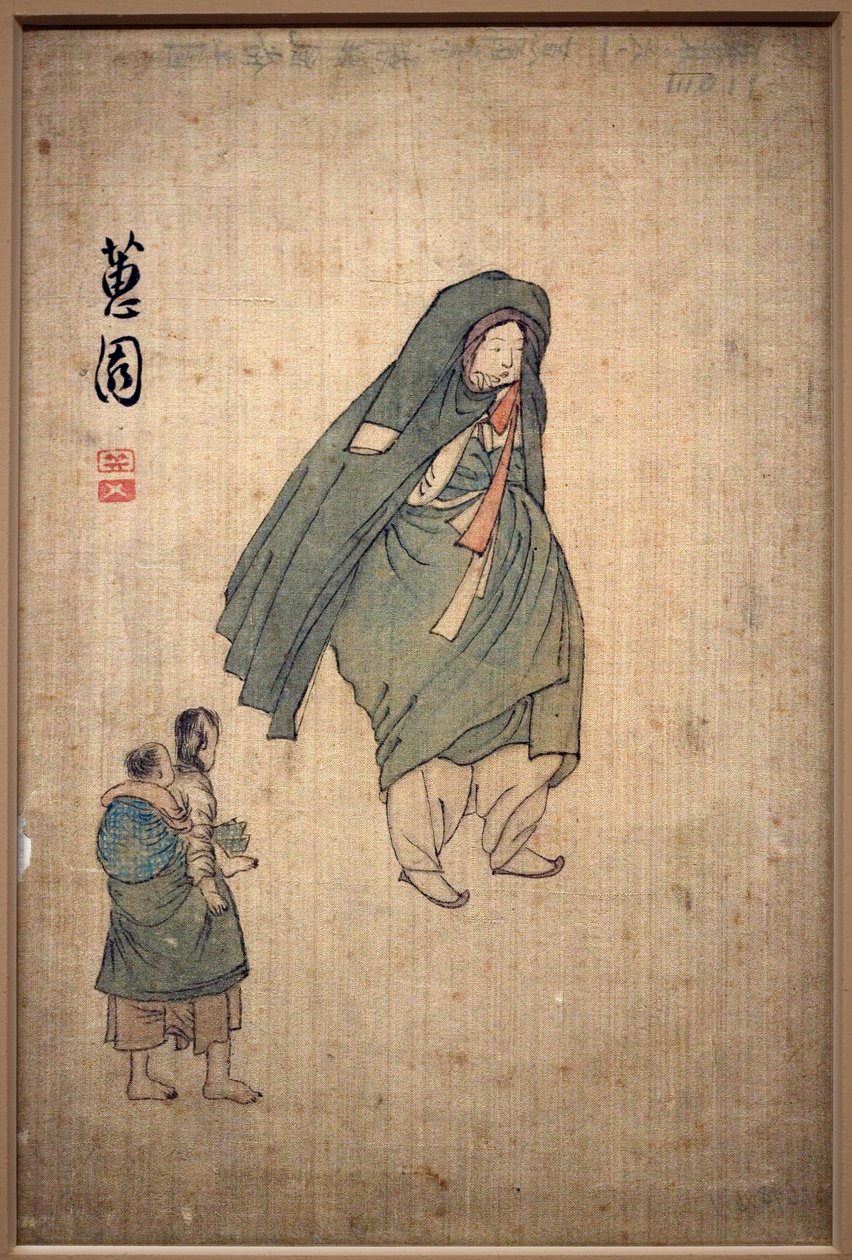 Nő a kabátjába bugyolálva, elhaladt két gyerek mellett. Shin Yunbok (kb. 1758-1813) festménye, tus papírra alkotó: Yunbok Shin
