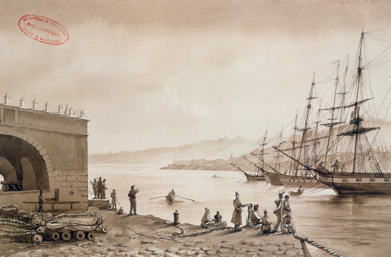 Kilátás a Bab Azoun erődre a kikötőből, Algír, 1830-31 körül (wc papíron) alkotó: Yung