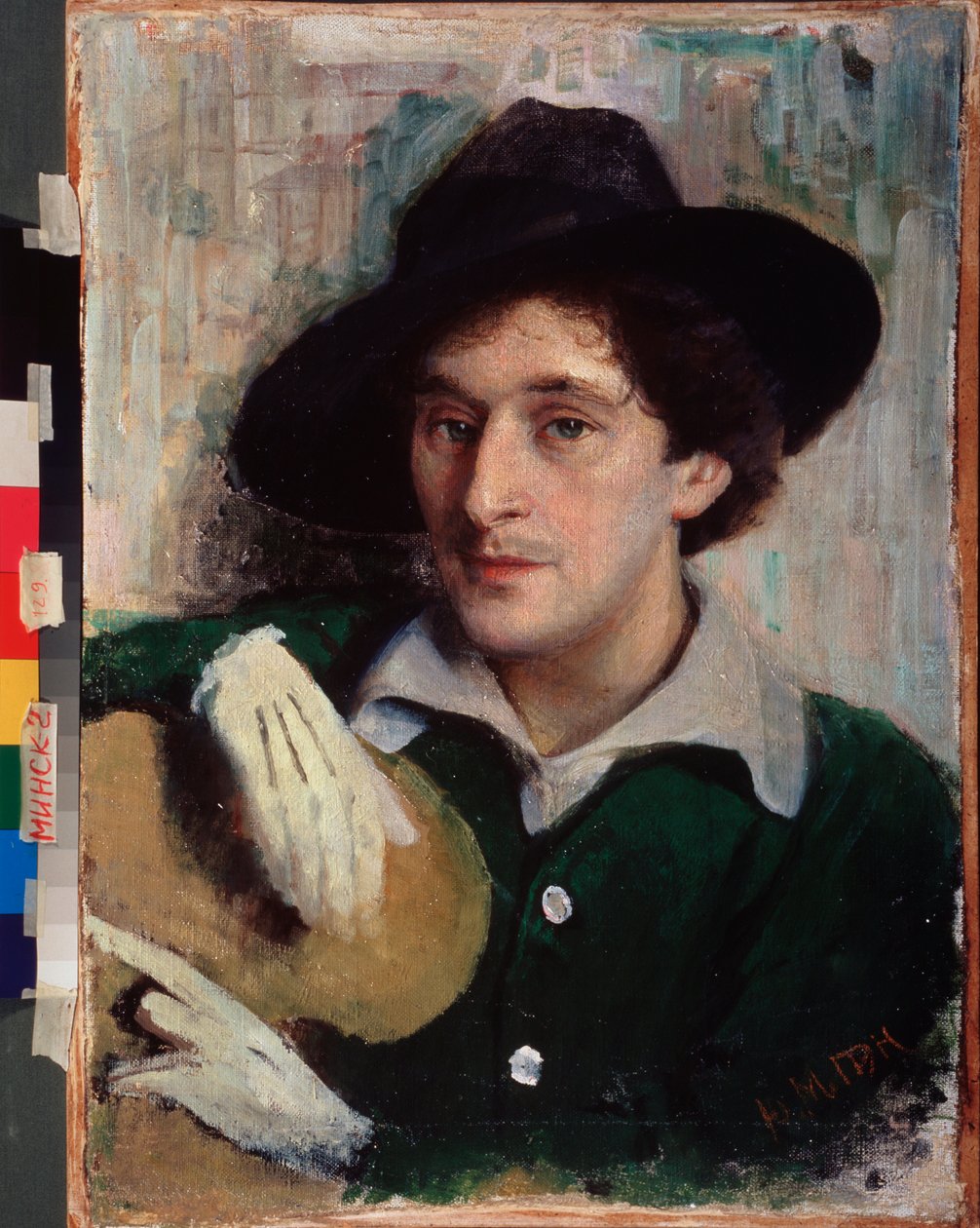 Marc Chagall (1887-1985) művész portréja. (fekete sapkával és fehér kesztyűvel, közömbösen tartja a palettáját). Jurij (Jehuda) Mojsejevics Pen (1854-1937) festménye, olaj, vászon, 1910 körül. Orosz művészet, XX. század. Nemzeti Művészeti Múzeum alkotó: Yuri Moiseyevich Pen