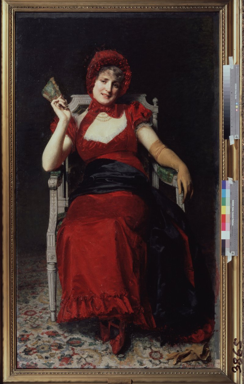 Nő Directoire-stílusú ruhában (Hölgy Directoire-ruhában). A kesztyűt és a legyezőt viselő ruha piros színű, hogy illeszkedjen a szalagsapkához és a cipőjéhez. Jurij Jacovlevich Lehman (Youri Leman) festménye (1834-1901), olajfestmény alkotó: Yury Jacovlevich Lehman