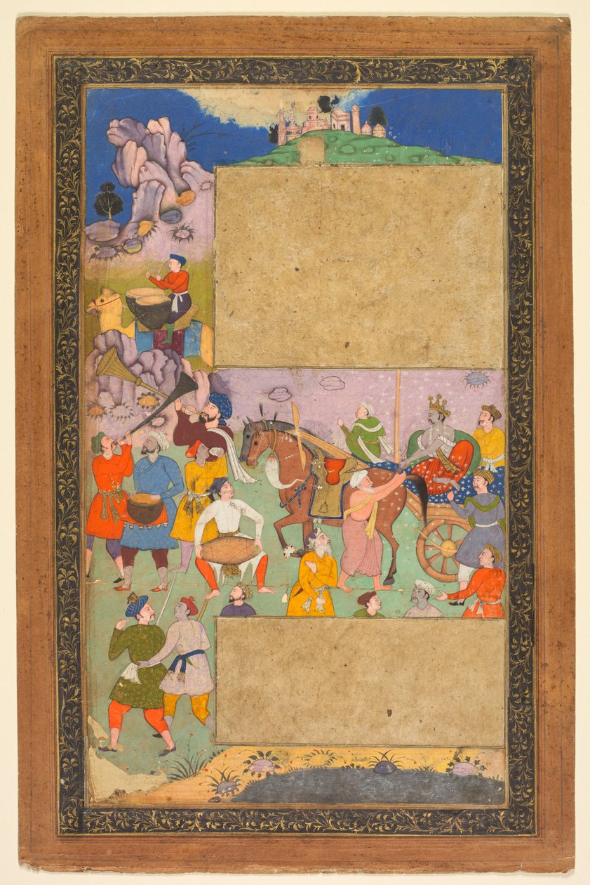 Egy sziklás tájon lovagló szekér lakájok és zenészek kíséretével..., 1616-16 alkotó: Yusuf Ali