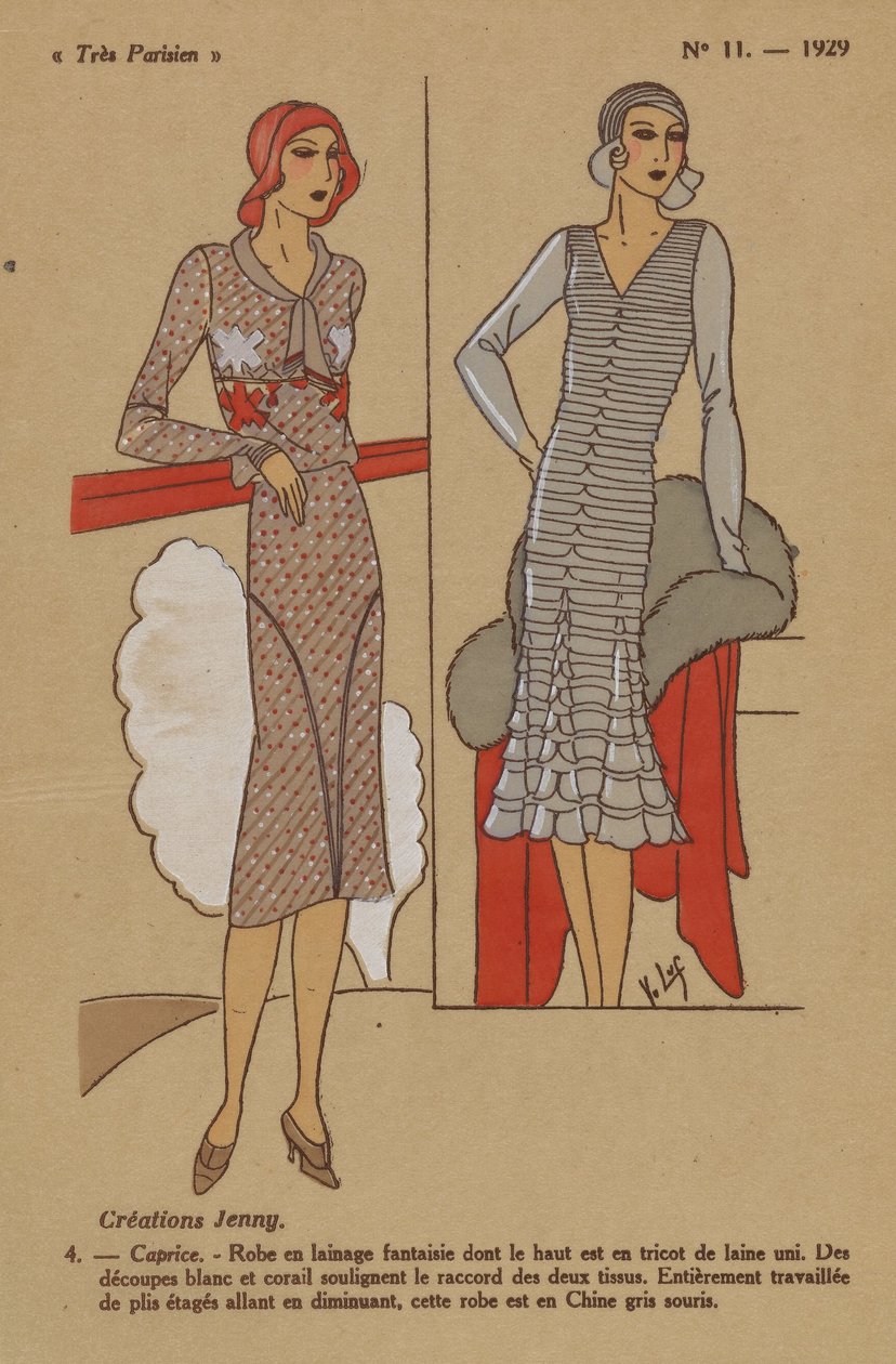 Nagyon párizsi, 1929, 11. sz.: Alkotások Jenny. / 4. - Szeszély. - Gyapjú ruha... alkotó: Y.v. Luq