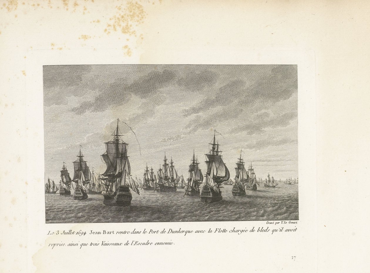 Jan Bart vaart Duinkerke binnen met de heroverde graanschepen, 1694 1694. július 3-án Jean-Bart visszatér Dunkerque kikötőjébe, az általa átvett tömbökkel megrakott flottával, valamint az ellenséges osztag három hajójával (cím a tárgyon) Gyűjtemény alkotó: Yves Marie Le Gouaz