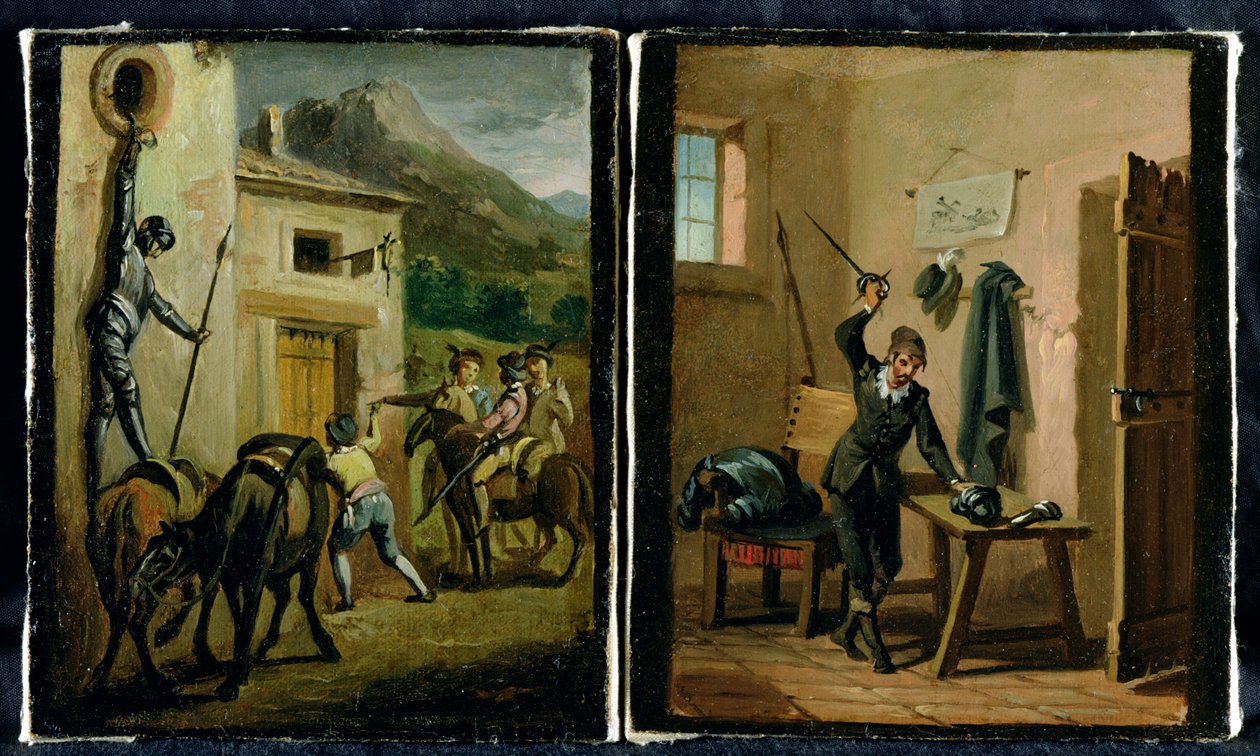 Don Quijote az ablakon lógva és páncélját készítve, két jelenet Cervantes regényéből. alkotó: Zacarias Gonzalez Velazquez