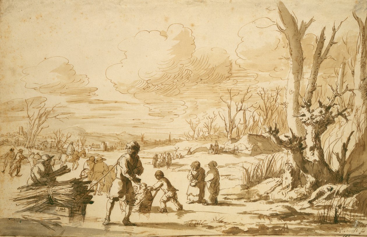 Enjoying the Ice, 1680 (toll és ceruza papíron) alkotó: Zacharias Blyhooft