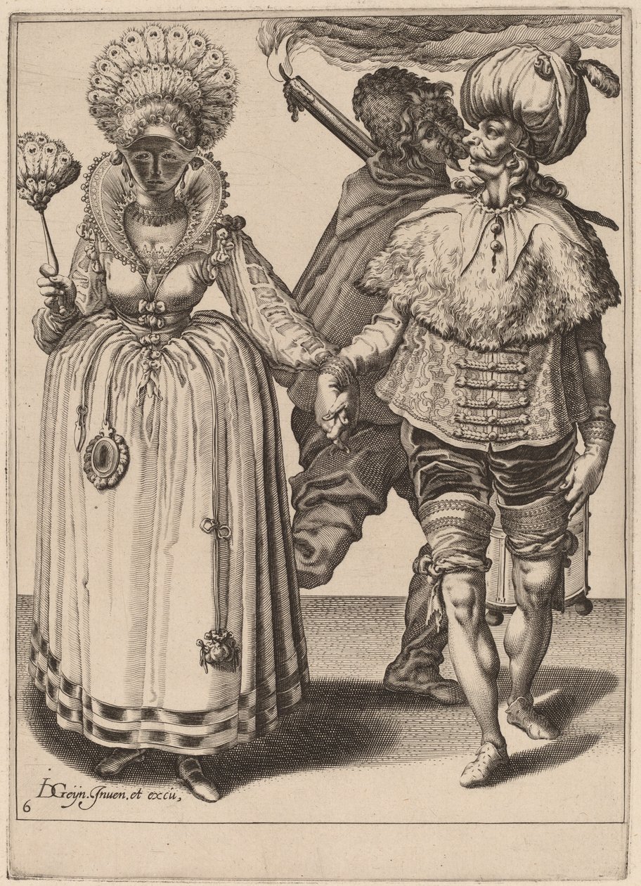 Egy turbános férfi, aki egy pávatollat viselő nőt vezet alkotó: Zacharias Dolendo after Jacques de Gheyn II