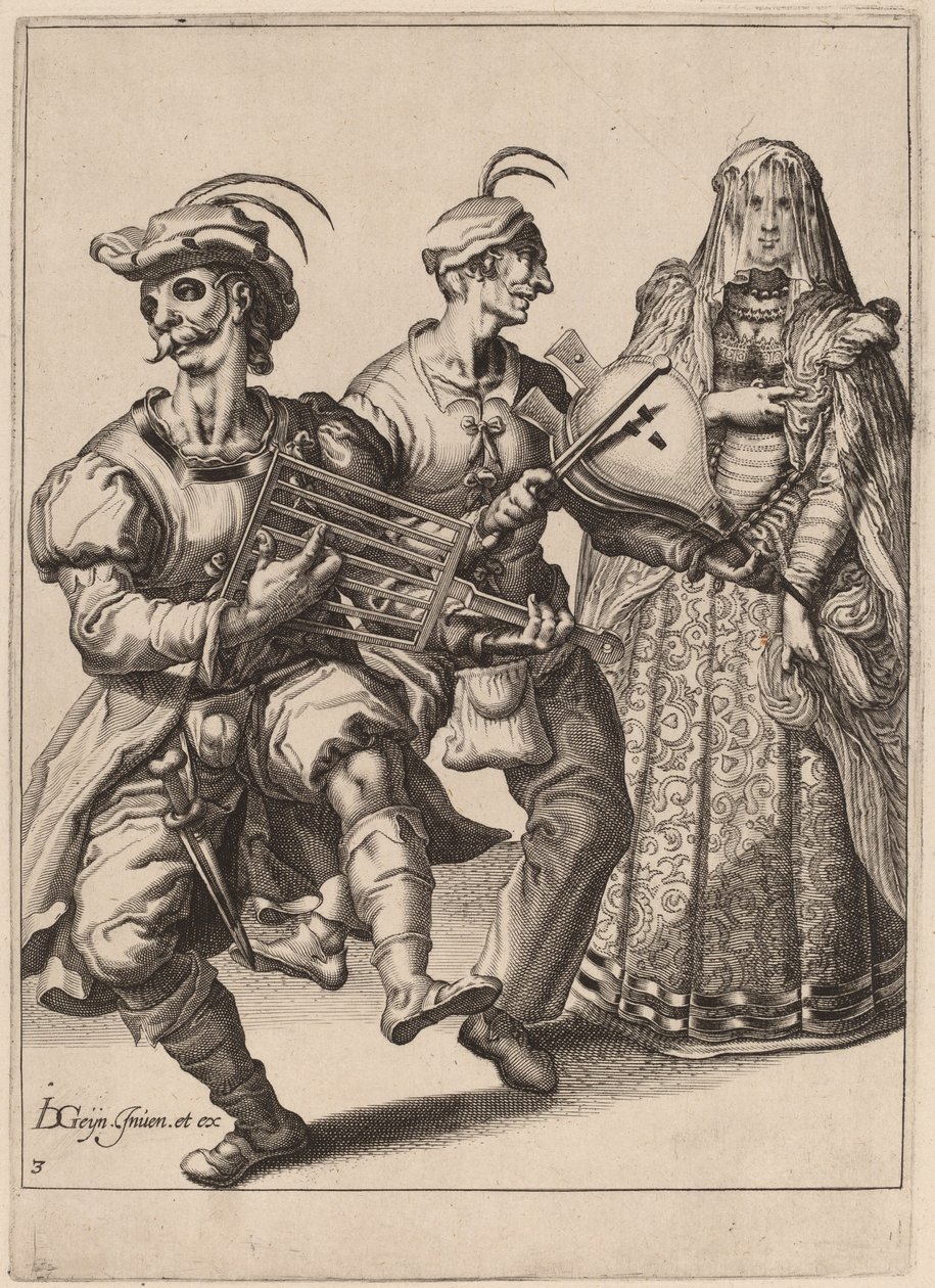 Egy fátyolos nő két zenésszel, akik rácson és fújtatón játszanak alkotó: Zacharias Dolendo after Jacques de Gheyn II