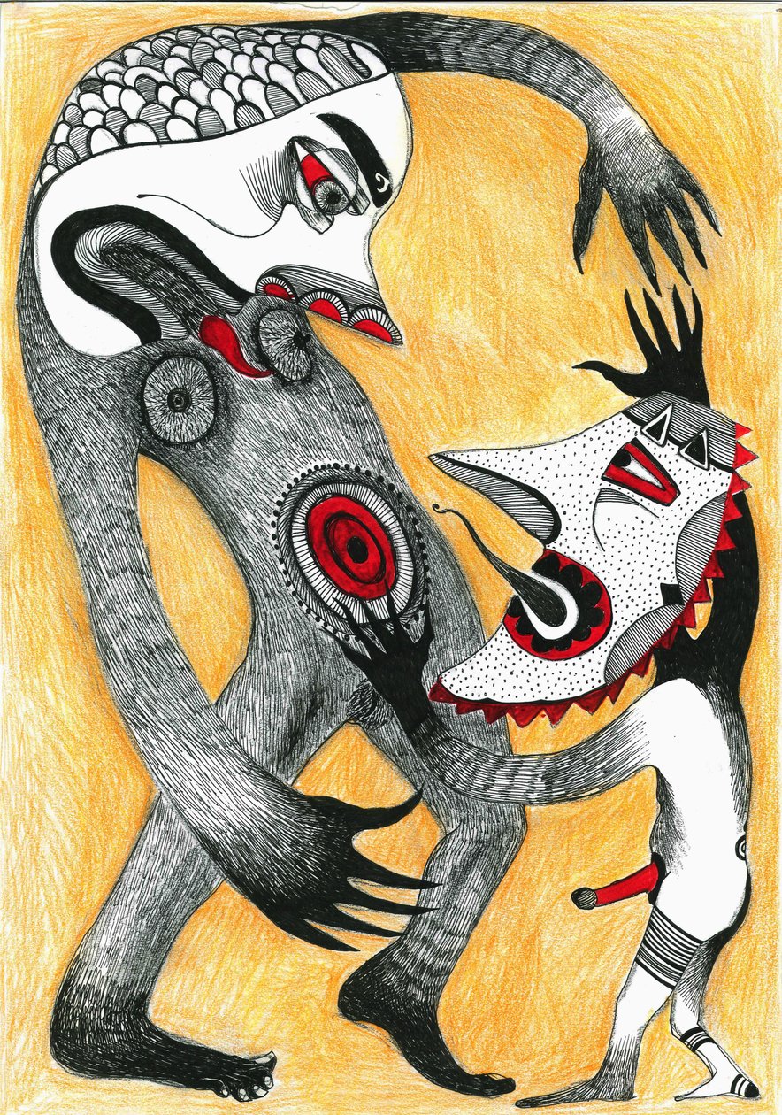 Harc, 2012 (toll, tinta és színes ceruza papíron) alkotó: Zanara Sabina Nedelcheva Williams