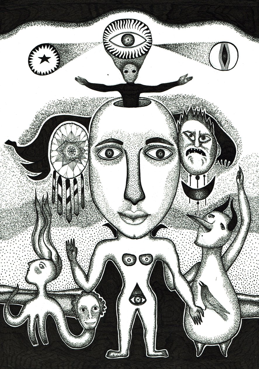 Rituálé, 2018 (tusrajz papírra) alkotó: Sabina Nedelcheva Williams
