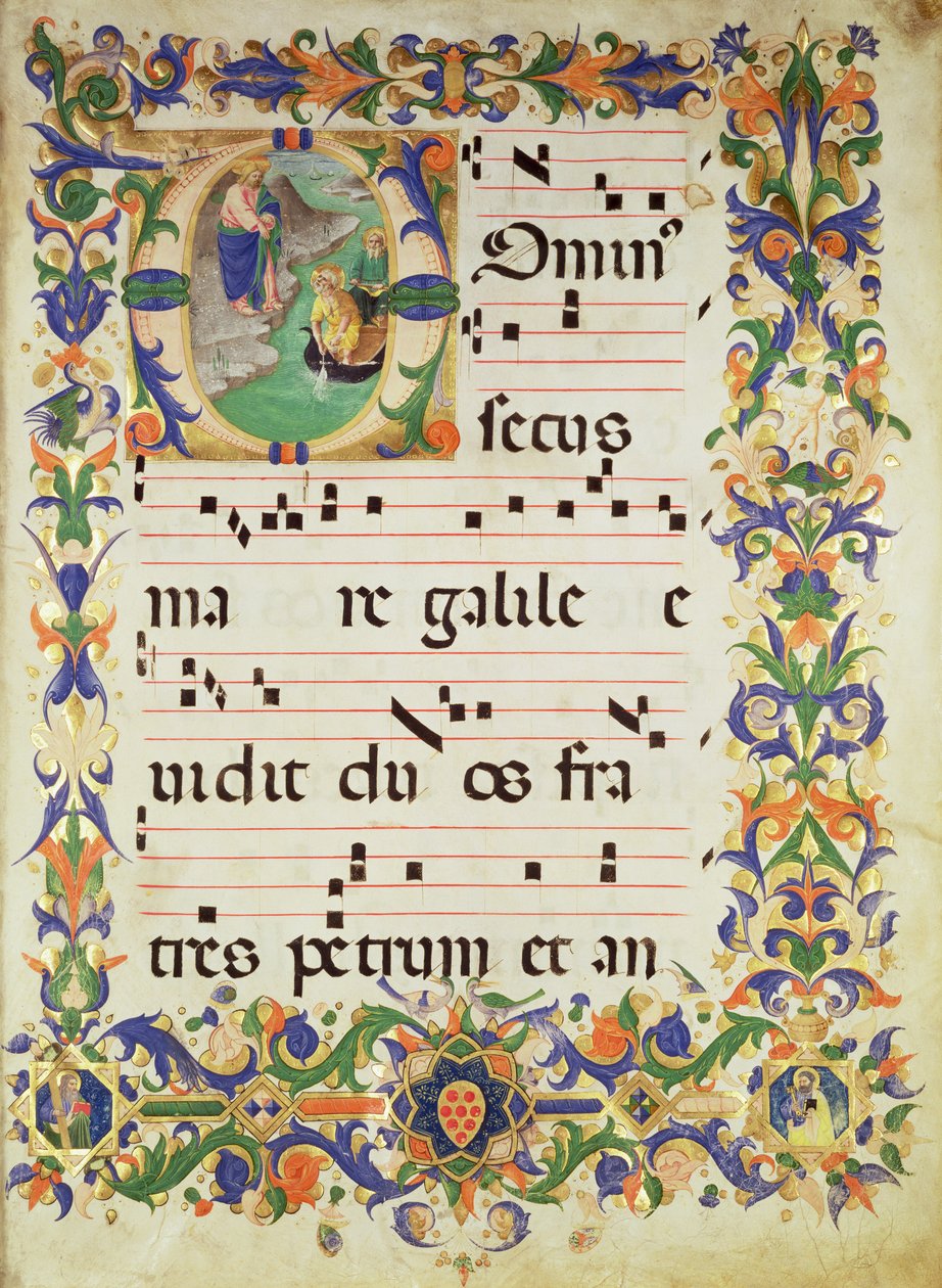 Mise 515 f.1r Kóruszenei oldal történeti „O” kezdőbetűvel, amely Szent Péter és Szent András elhívását ábrázolja, a határt, amelyet Filippo di Matteo Torelli (1409-68) világított meg egy kóruskönyvből alkotó: Zanobi di Benedetto Strozzi
