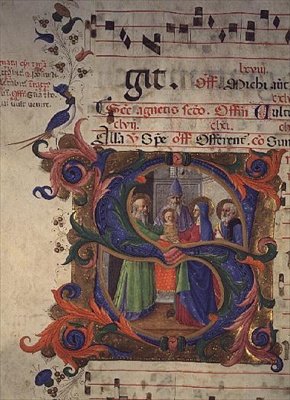 Missale 515 f.28v Történetiesített S kezdőbetű a Templomban való bemutatással, 1448-49. alkotó: Zanobi di Benedetto Strozzi