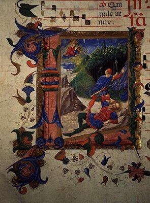 Missal 515 22v Történelmi kezdetű „L”, amely Saul megvakítását ábrázolja alkotó: Zanobi di Benedetto Strozzi