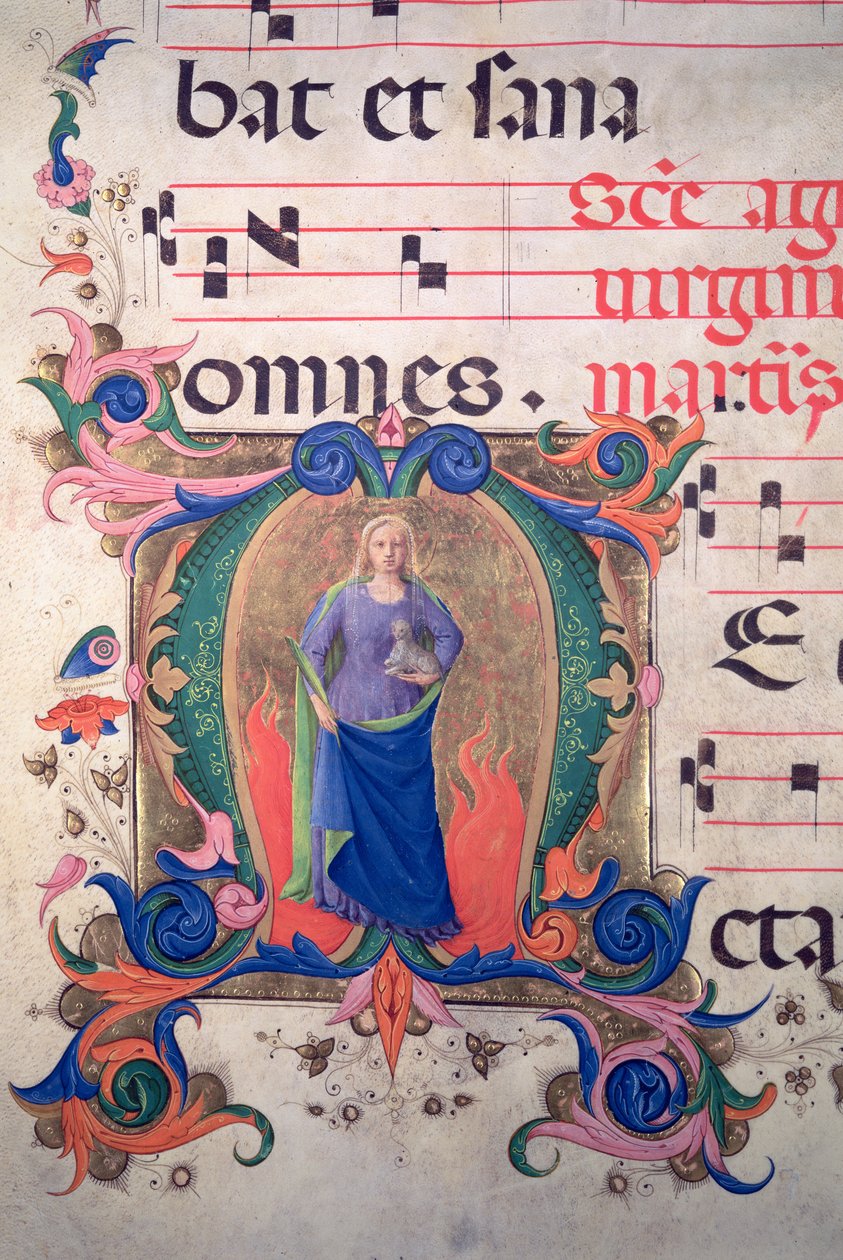 Missal 515 f.13v Szent Ágnest ábrázoló „M” kezdőbetű, egy zenei kottából alkotó: Zanobi di Benedetto Strozzi