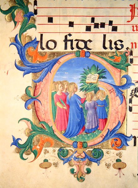 Mise 515 f.144v Történelmi „G” kezdőbetű, amely a Paradicsomba belépő híveket ábrázolja (vellum) alkotó: Zanobi di Benedetto Strozzi