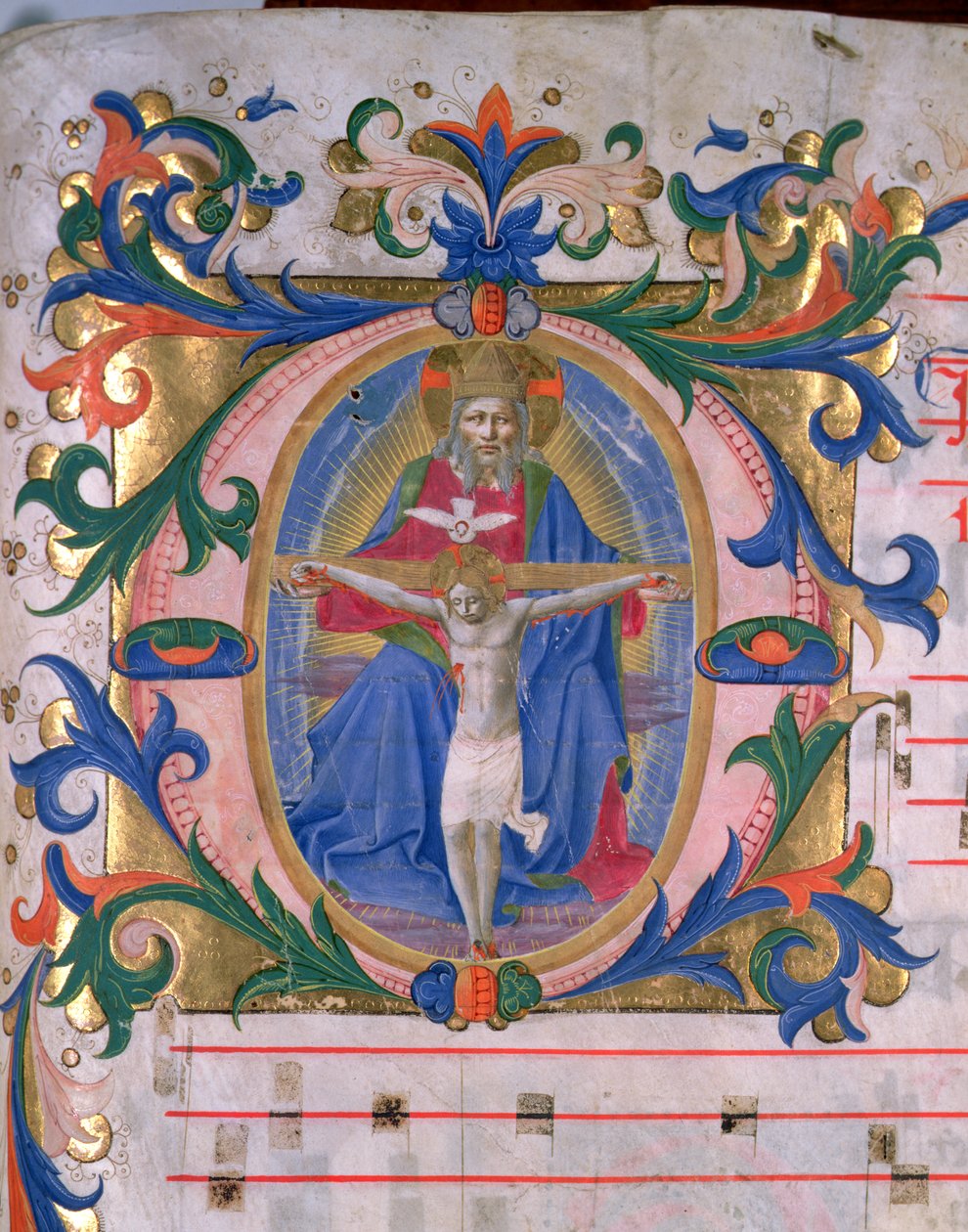 Ms 523 f.166r Történeti „O” kezdőbetű a Szentháromsággal, egy misekönyvből, 1446-60 körül (vellum) alkotó: Zanobi di Benedetto Strozzi