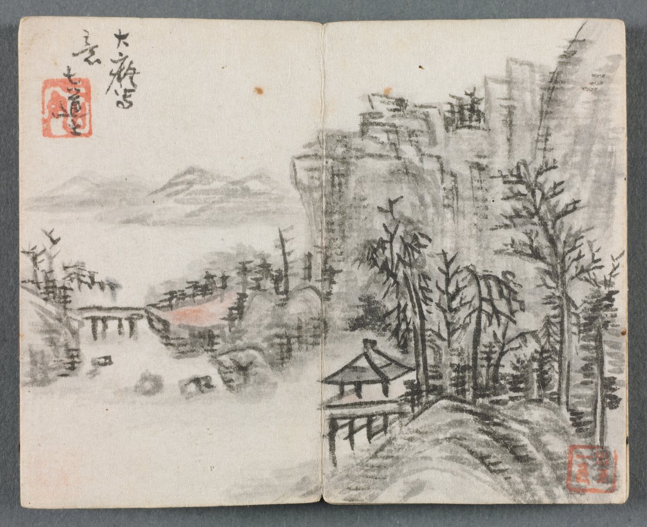 Miniatűr album figurákkal és tájjal (Cliff Landscape with Bridge) alkotó: Zeng Yandong