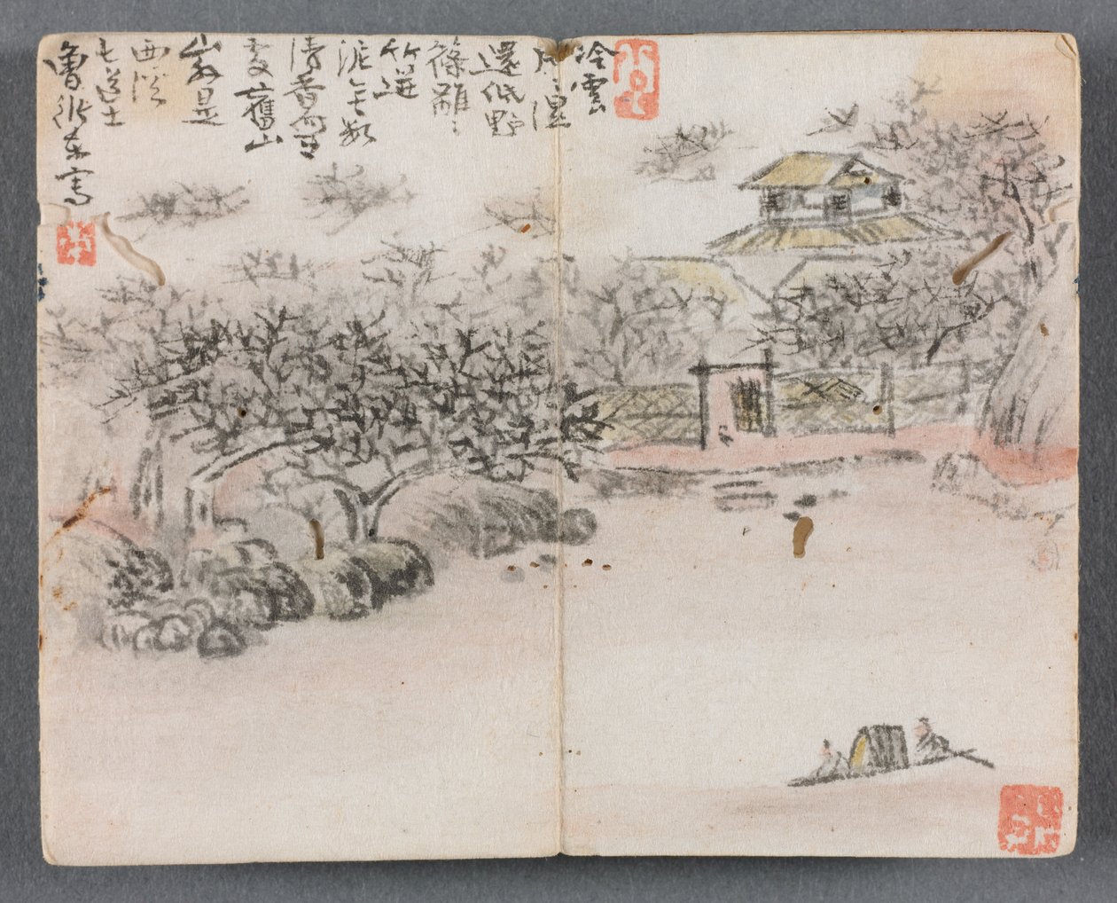 Miniatűr album figurákkal és tájjal (Táj két csónakossal) alkotó: Zeng Yandong