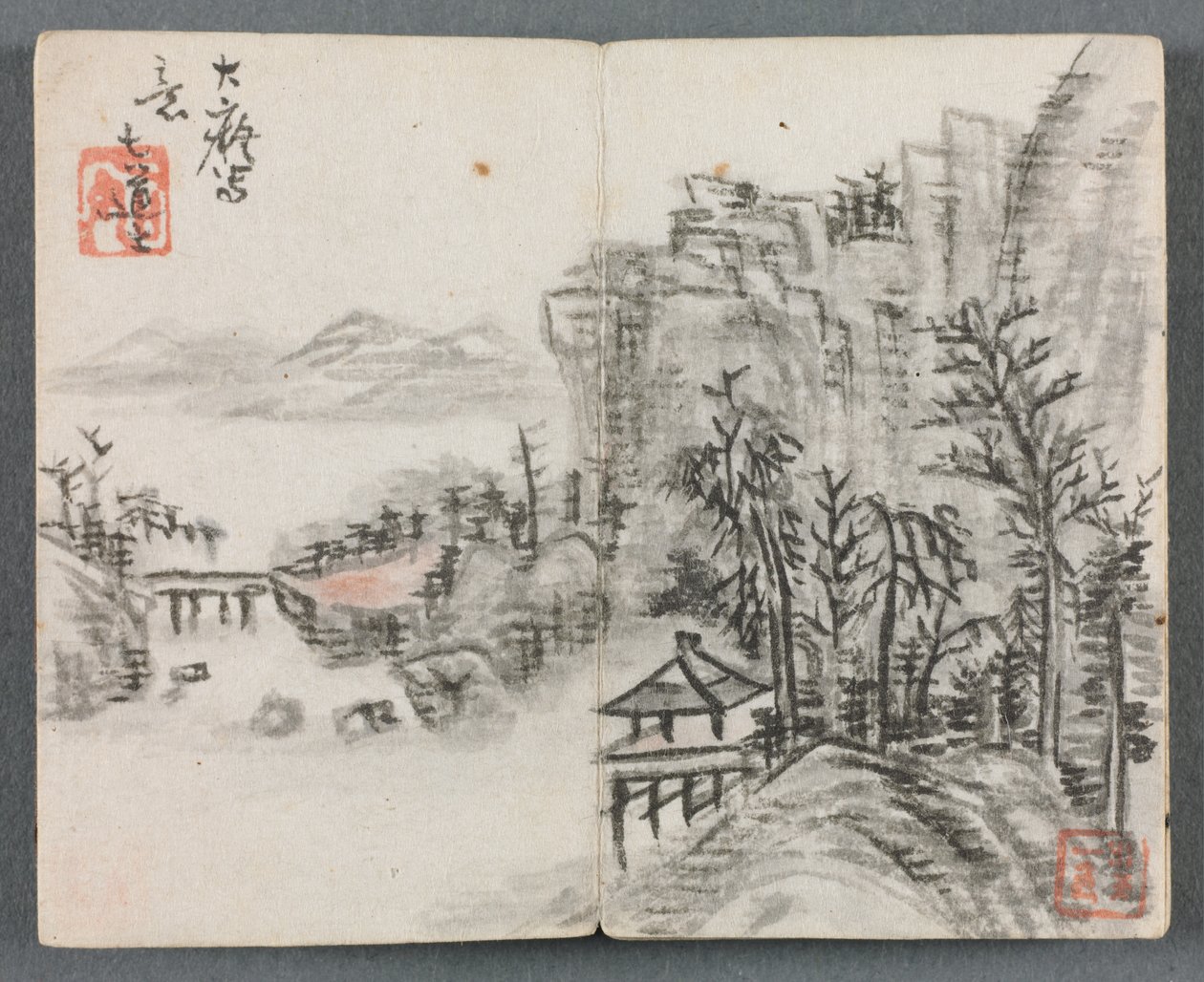 Miniatűr album figurákkal és tájkép Szikla táj híddal, 1822. alkotó: Zeng Yangdong