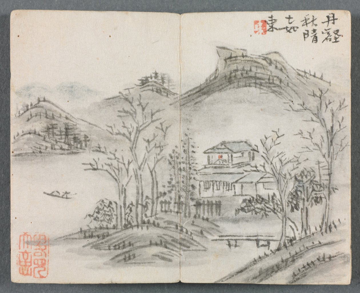 Miniatűr album figurákkal és tájkép Táj dombbal, házzal, csónakkal és híddal, 1822. alkotó: Zeng Yangdong