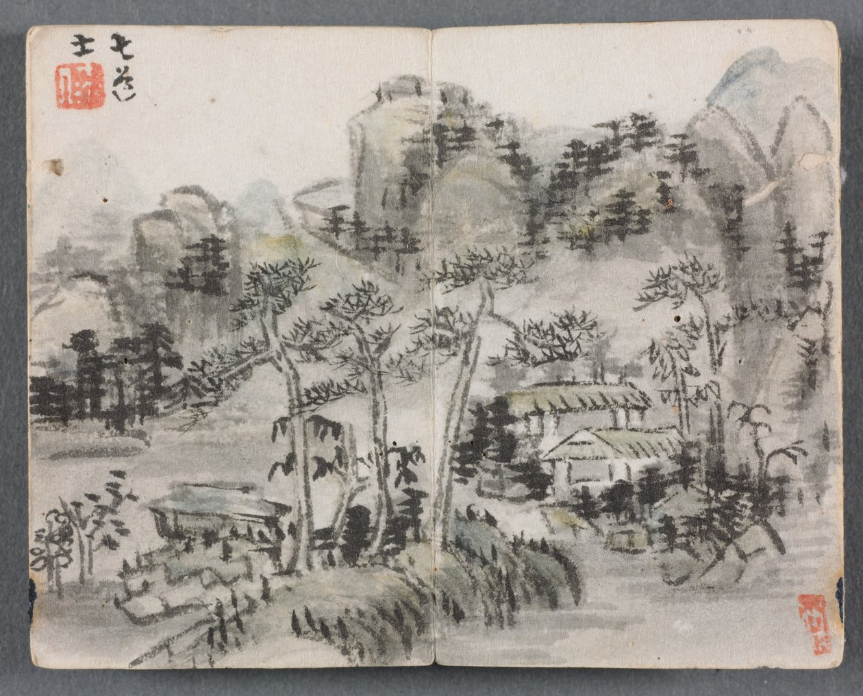 Miniatűr album figurákkal és tájkép két épülettel, 1822. alkotó: Zeng Yangdong
