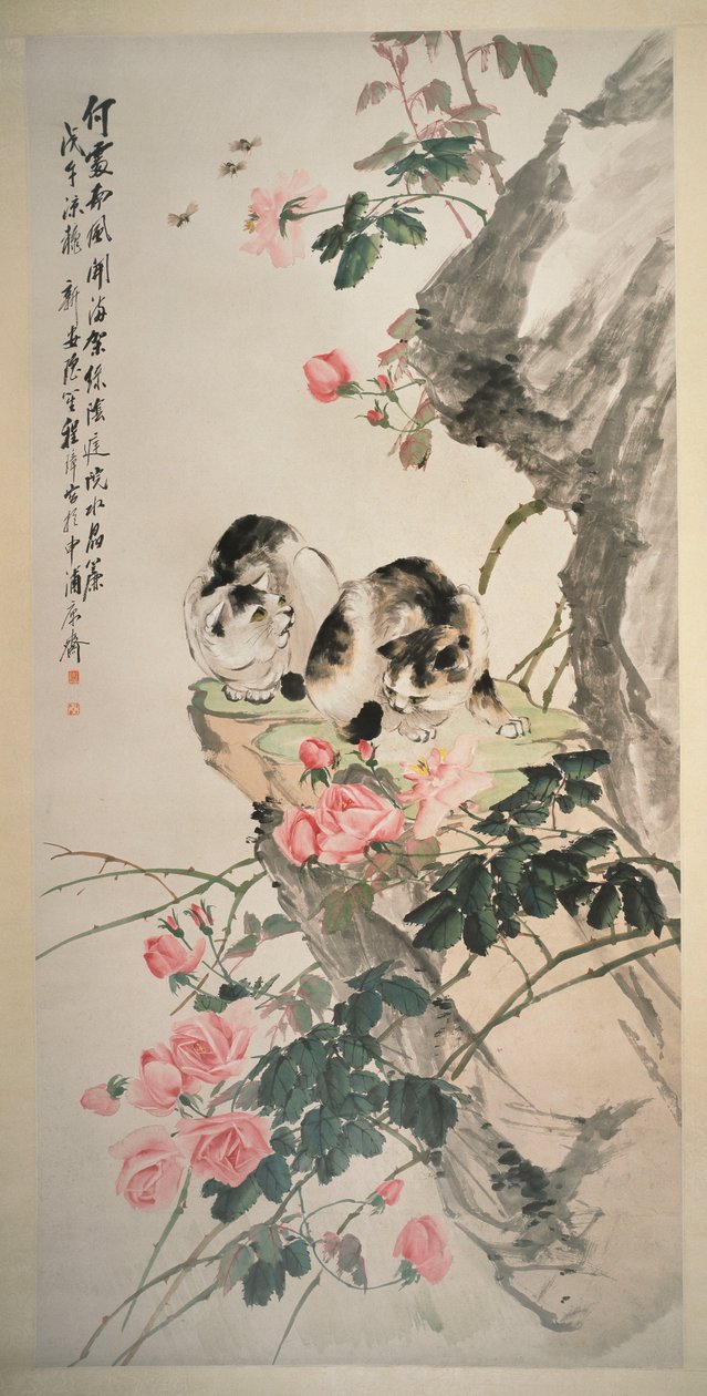 Macskák a sziklán rózsákkal alkotó: Zhang Cheng