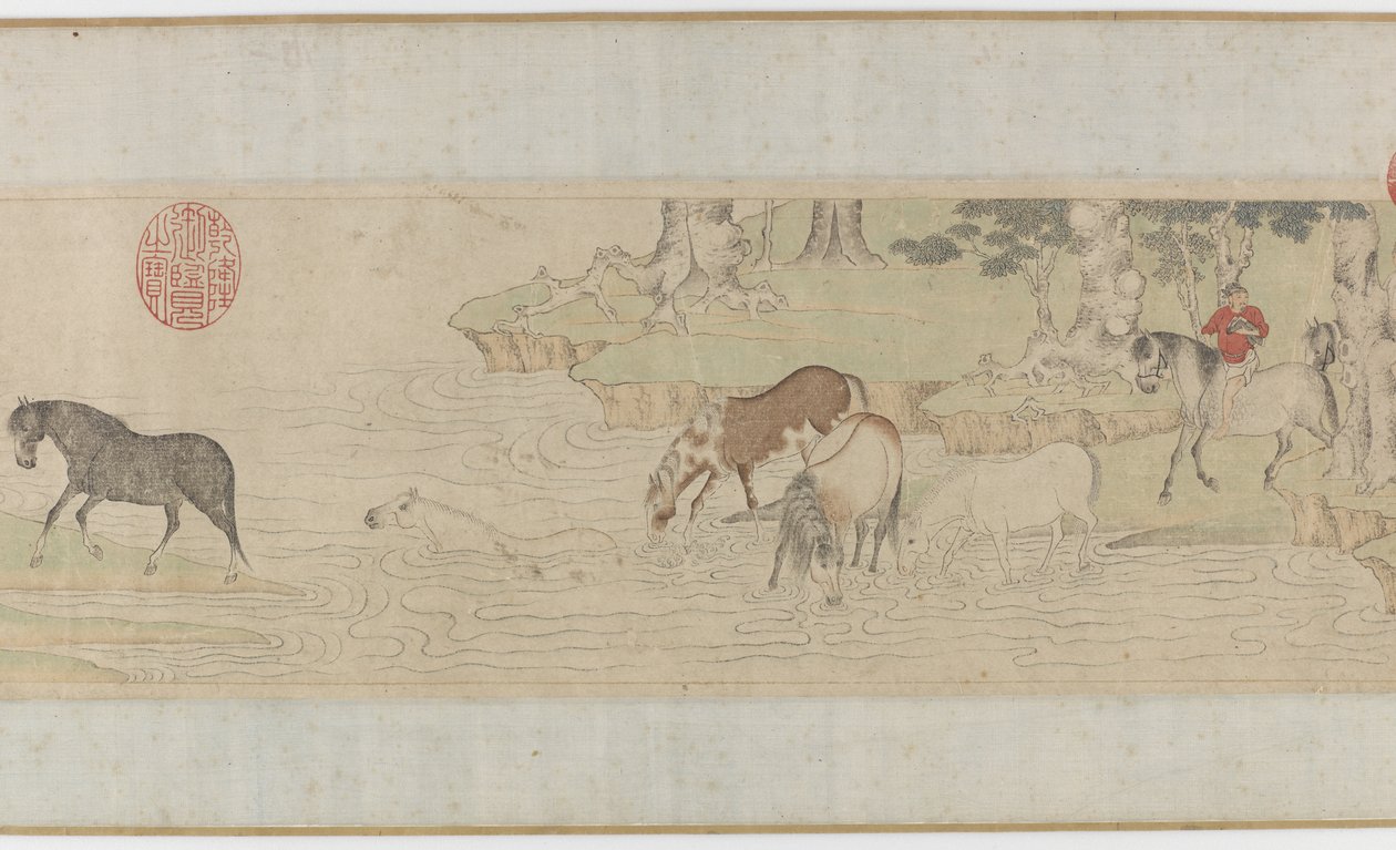Lovak és vőlegények átkelés a folyón, Yuan vagy a korai Ming-dinasztia, 14. század alkotó: Zhao Mengfu Chao Meng Fu or