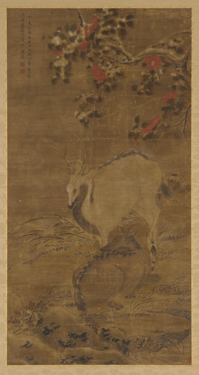 Szarvas, őzike és vörös kaméliák a hóban, 1367. alkotó: Zhou Yuan
