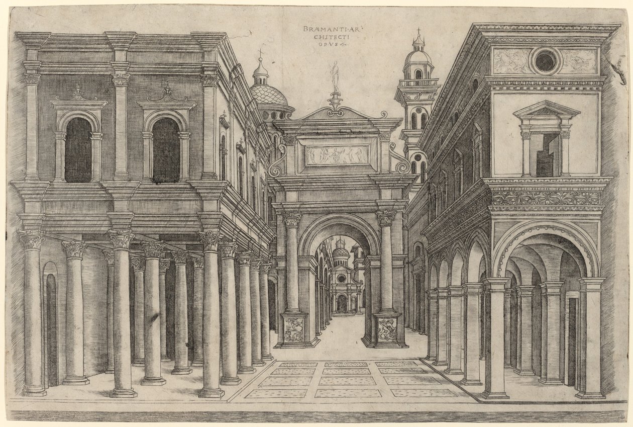 Egy utca különböző épületekkel, oszlopsorokkal és boltívvel alkotó: Zoan Andrea after Donato Bramante