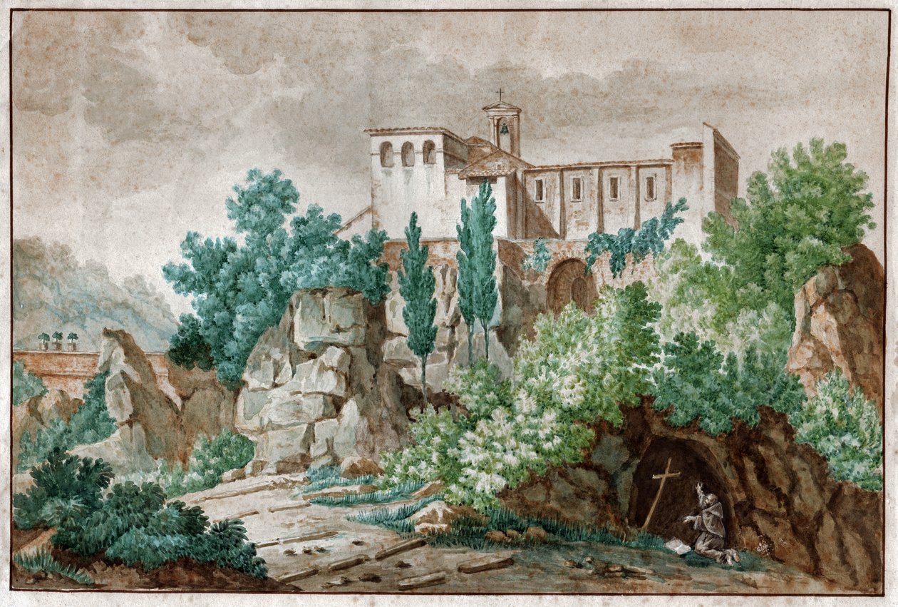 Egy kolostor Olaszországban. Pelerin Jézus Krisztus keresztjét imádja egy barlangban. 1850 körül (akvarell) alkotó: . .