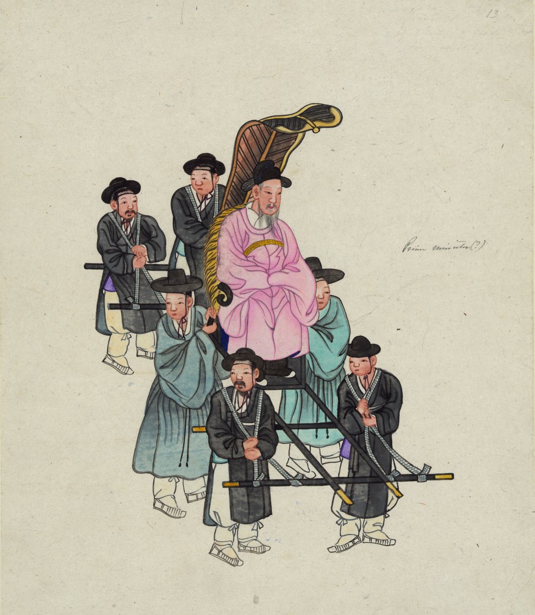 Egy magas rangú koreai tisztviselő, esetleg a miniszterelnök, akit egy kidolgozott szedánszékben cipelnek, c. 1890 (akvarell) alkotó: . .