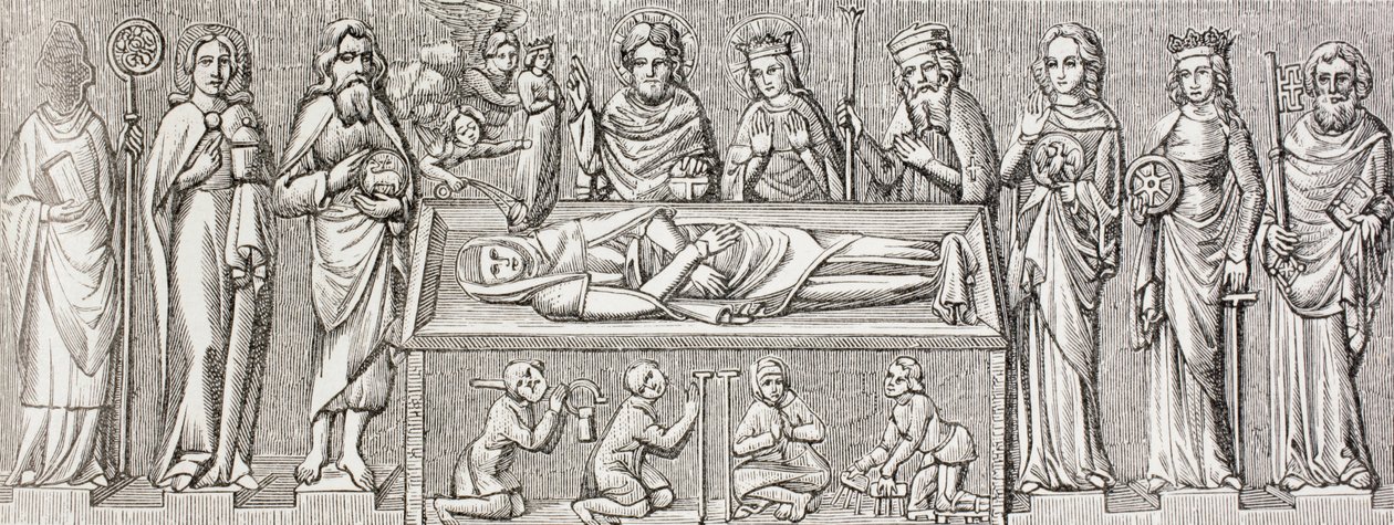 Erzsébet magyar hercegnő (1207 - 1231) katolikus szent sírjának domborműve után Paul Lacroix „Katonai és vallási élet a középkorban” című művéből 1880 körül Londonban jelent meg. alkotó: Ferdinand Georg Waldmuller