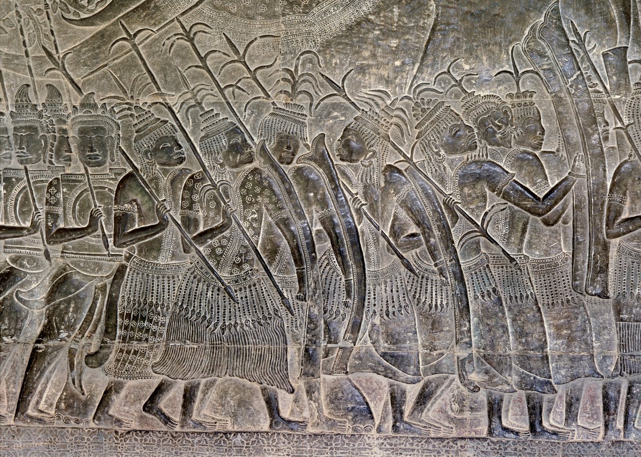 Angkor Wat, Angkor, Kambodzsa 12. század eleje, későbbi kiegészítésekkel. A galéria domborműveinek ezen részlete a khmer hadsereg szövetségeseként felvonuló thai népet mutatja alkotó: Hippolyte Lalaise Devéria