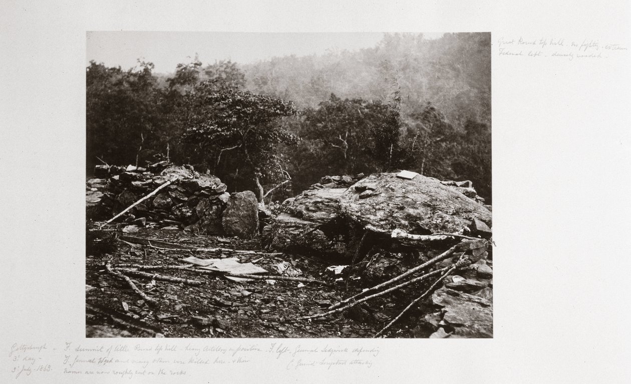 Breastworks on Little Round Top Hill, Gettysburg, Pennsylvania, 1863. július alkotó: Ferdinand Georg Waldmuller