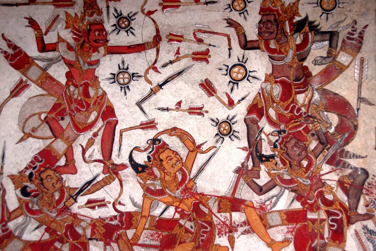 Mennyezetfestés a királyi palotában; Istenek csatája; Papír Gosa; Gili palota park; Klungkung; Szemarapura; Bali; Indonézia; Délkelet-Ázsia; Ázsia alkotó: Frederick (attr. to) Barnard