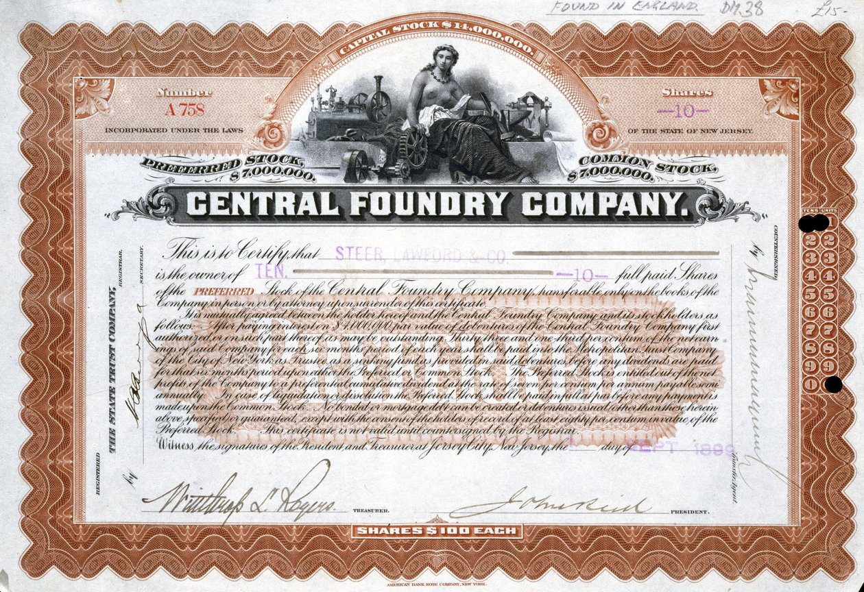 Central Foundry részvényigazolás, Brazília alkotó: Frederick (attr. to) Barnard