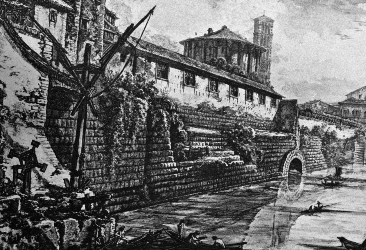 Cloaca Maxima (ősi szennyvízrendszer) és Vesta vagy Hercules Victor temploma, Giovanni Battista Piranesi (1720-1778) metszet, Olaszország alkotó: William Walcutt