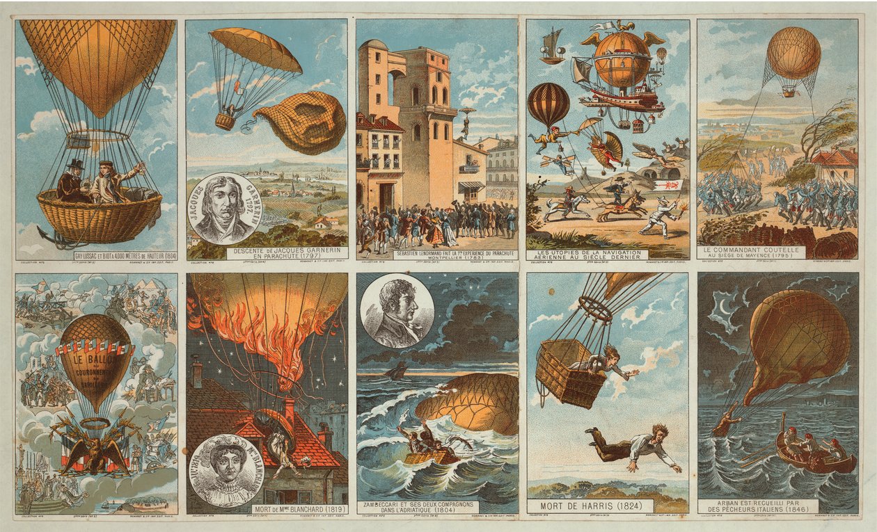 Kártyák gyűjtése események képeivel a léggömbök történetében 1795 és 1846 között, 1900 körül (kromolitográfia) alkotó: . .