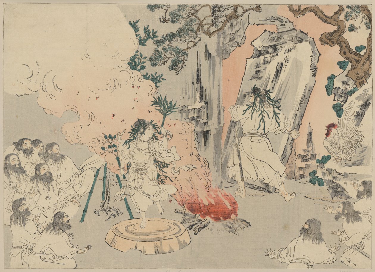 „Kami grófnő” táncol Amaterasu napistennőnek a barlangjából kicsalogatására, 1890 körül (fametszet) alkotó: . .
