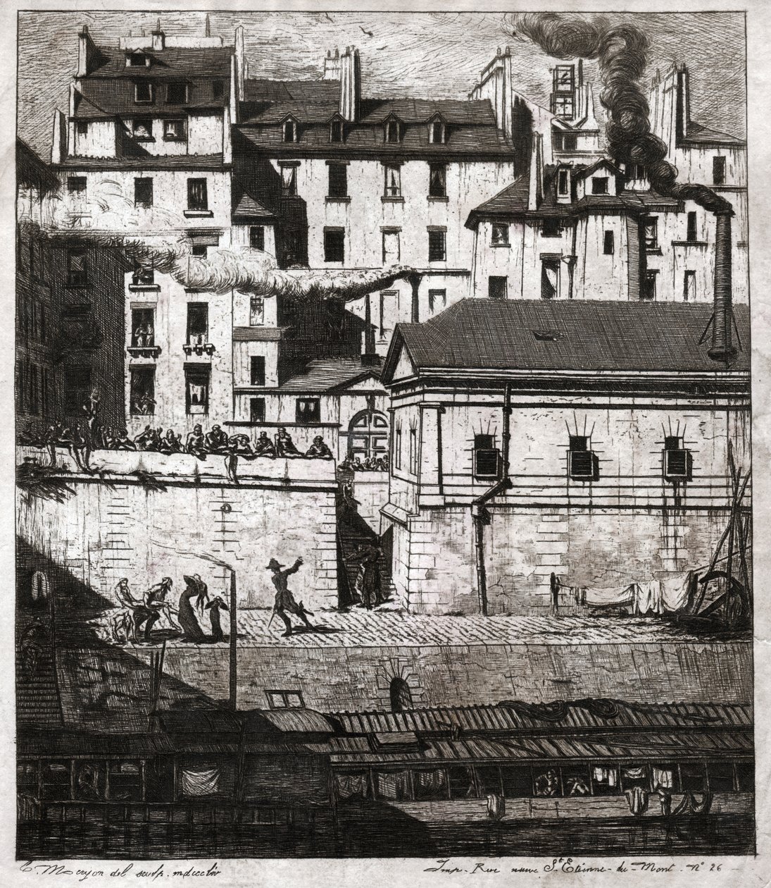 Helyszín rendőri beavatkozással a párizsi rakparton. 1860 körül (metszet) alkotó: . .