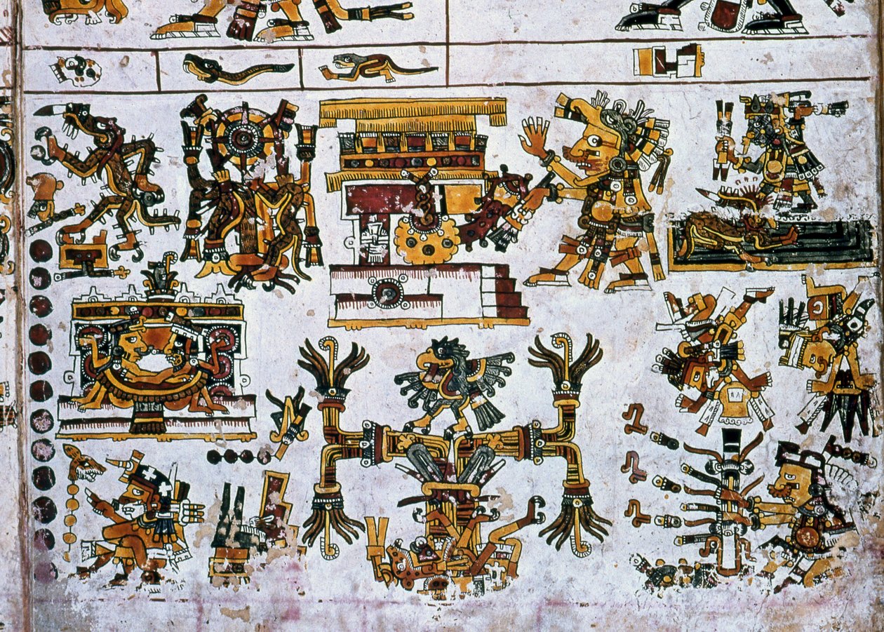 Részlet egy fakszimilából A Codex Borgia egy oldalának másolata, amelyen a négy irány és a középpont látható (színes litó) alkotó: Hippolyte Lalaise Devéria