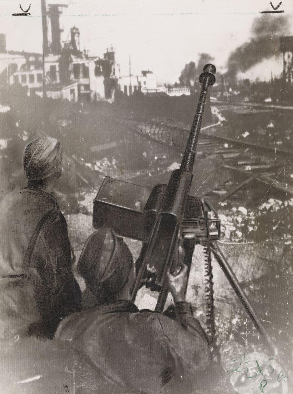 Második világháború (1939-1945): két orosz páncéltörő tüzér egy gyárat véd a vasútvonal közelében az 1942-es sztálingrádi csata során (Oroszország) alkotó: Frederick (attr. to) Barnard