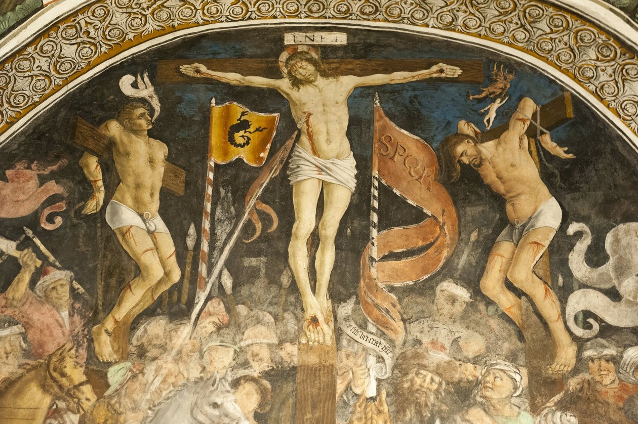 Hans Clemer híres keresztrefeszítő csoportja, freskó a kórusban, Chiesa Parrocchiale plébániatemplom, Elva, Cuneo tartomány, Piemont, Olaszország, Európa alkotó: Ferdinand Georg Waldmuller