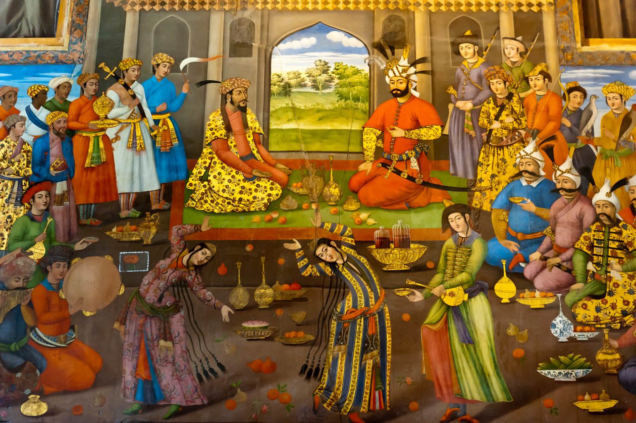 Freskó; bankett táncos lányokkal; Tahmasp sah fogadja Homayun indiai mogul császárt; 1544; Chehel Sotoun; Negyvenoszlopos palota; Iszfahán; Irán; Ázsia alkotó: Frederick (attr. to) Barnard