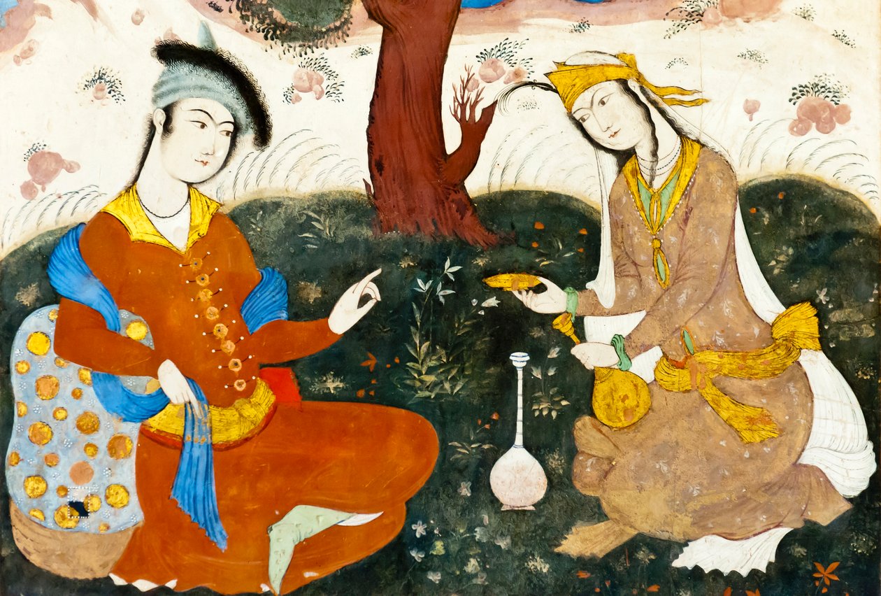 Freskó; két szerelmes; perzsa miniatűr; Chehel Sotoun; Negyvenoszlopos palota; Iszfahán; Irán; Ázsia alkotó: Frederick (attr. to) Barnard